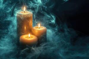 Three Burning Candles Surrounded by Teal Smoke photo