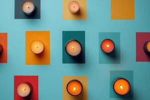 Burning Candles Arranged in a Colorful Grid Pattern photo