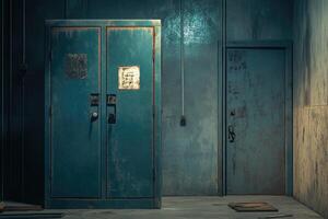 A Distressed Steel Cabinet and Door in a Dimly Lit Room photo