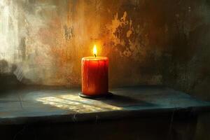 A Single Burning Candle on a Wooden Table Against a Textured Wall photo
