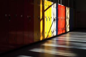 Colorful School Lockers with Sunlight Streaming Through Windows photo