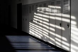White Lockers with Horizontal Slats and Sunlight Casting Stripes on the Floor photo