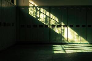 Green Lockers Cast in Shadow with Sunlight Streaming Through a Window photo
