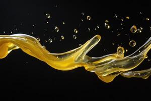 Golden Liquid Splash and Droplets Against a Black Background photo