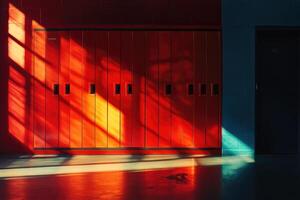 Red Lockers with Sunbeams and a Black Doorway photo