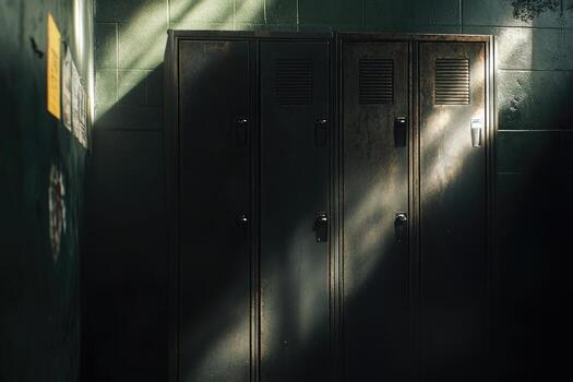 Three Old Metal Lockers with Sunbeams Streaming in Through a Window photo