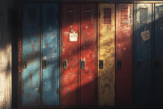 Row of weathered and worn metal lockers with various colors photo