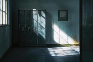 A single beam of light illuminates a row of lockers in a dim hallway. photo