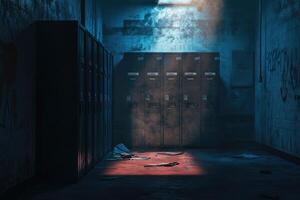 A Desolate, Blue-Lit School Hallway with a Row of Lockers and Debris on the Floor photo