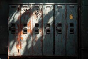 Six Weathered Metal Lockers with Rust and Peeling Paint photo