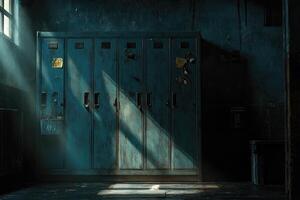 Rusted Blue Lockers in a Dark Room with Sunlight Streaming In photo