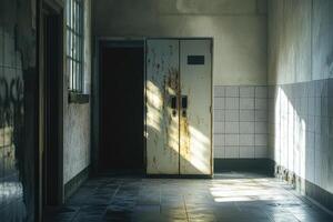 Rusty Metal Doorway in a Tile-Lined Hallway photo