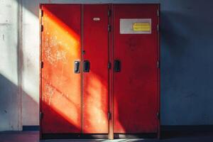 Red Metal Cabinet Doors with Sunbeams and a Yellow Label photo