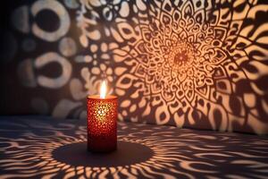 A Burning Candle Casting Intricate Shadows on a Surface photo