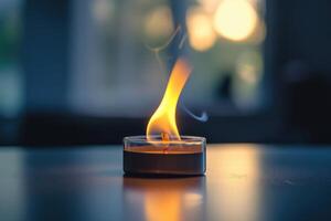 A Single Candle Flame Burning in a Glass Container photo