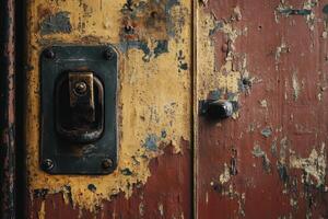Rusted Metal Door with Peeling Paint and a Black Metal Latch photo