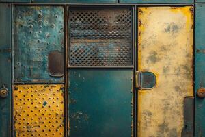 A Close-Up of a Rusted Metal Panel with Various Textures and Colors photo