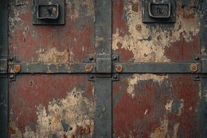 Close-up of Rusted Metal Door with Peeling Paint and Hinges photo