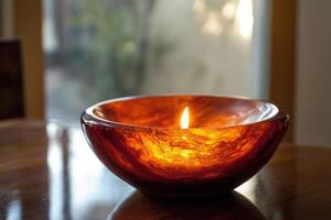 A Single Candle Flame in a Dark Reddish-Brown Bowl photo