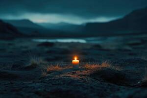 A Single Candle Illuminates a Dark Landscape photo