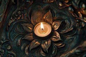 A Lit Candle in a Flower-Shaped Ornate Holder photo