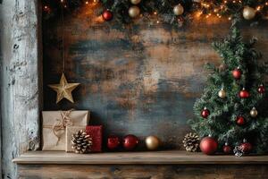 Rustic Christmas Decor with Pine Tree, Ornaments, and Gifts photo