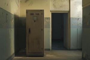 An Abandoned Room with a Metal Cabinet and a Doorway photo