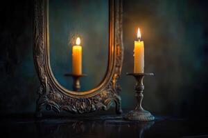 Ornate Mirror Reflecting a Burning Candle on a Candlestand photo
