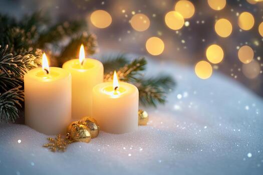Three Lit Candles in Snowy Setting with Golden Ornaments and Pine Sprigs photo