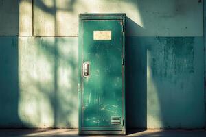 Weathered Green Metal Cabinet Against a Wall photo