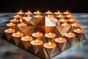 Golden Geometric Candlestick with Burning Tea Lights photo