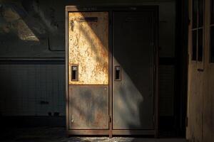Rusty metal locker in a dimly lit room photo