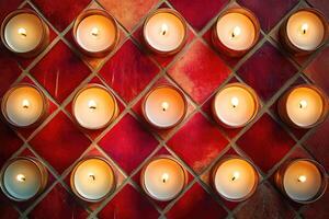 Candles Burning in Golden Containers on a Red Tile Background photo