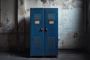 Two Blue Lockers Against a Weathered Wall photo