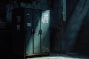 A Weathered Metal Cabinet in a Dim, Abandoned Room photo