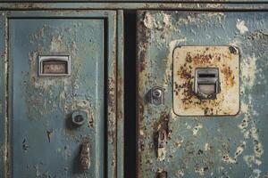 Closeup of Rusted Metal Cabinet Doors with Faded Paint and Hardware photo