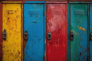 Colorful Metal Lockers with Chipped Paint and Rust photo