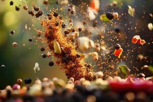 A Burst of Black Peppercorns, Spices, and Herbs in Mid-Air photo