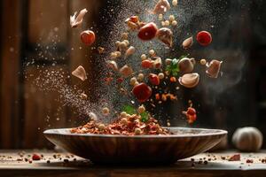 Garlic, Chili Flakes, and Other Spices Falling into a Bowl photo