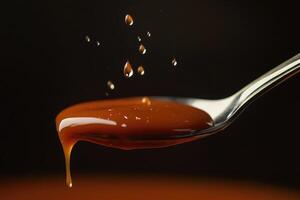 Caramel Dripping from a Silver Spoon with Drops Falling photo