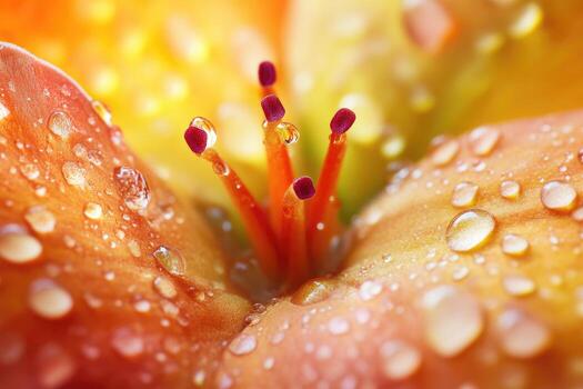 Dew-Covered Orange Flower Stamen and Petals in Close-Up photo