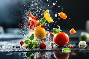 Fresh Produce Splashing On Black Background photo