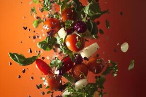 Cherry Tomatoes, Basil Leaves, and Spices Falling Against Orange Background photo