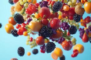 A vibrant mix of fresh fruit falling against a blue backdrop photo