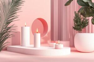 Three White Candles Burning on Pink Geometric Platforms with Palm and Fiddle Leaf Plants photo