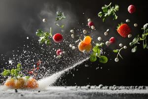 A burst of fruit, herbs, and white spheres in mid-air against a dark background. photo