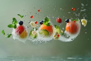Fruit and Mint Splashing in Water with Air Bubbles photo