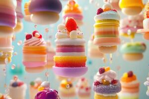 Colorful Cakes Hanging on Strings Against a Blue Background photo