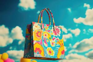 Colorful Floral Shopping Bag Floating Against a Blue Sky with White Clouds photo