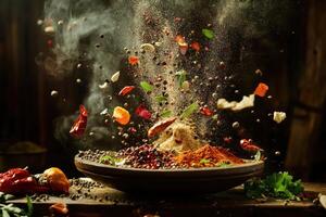 A Bowl of Spices and Herbs with Smoke and Particles photo